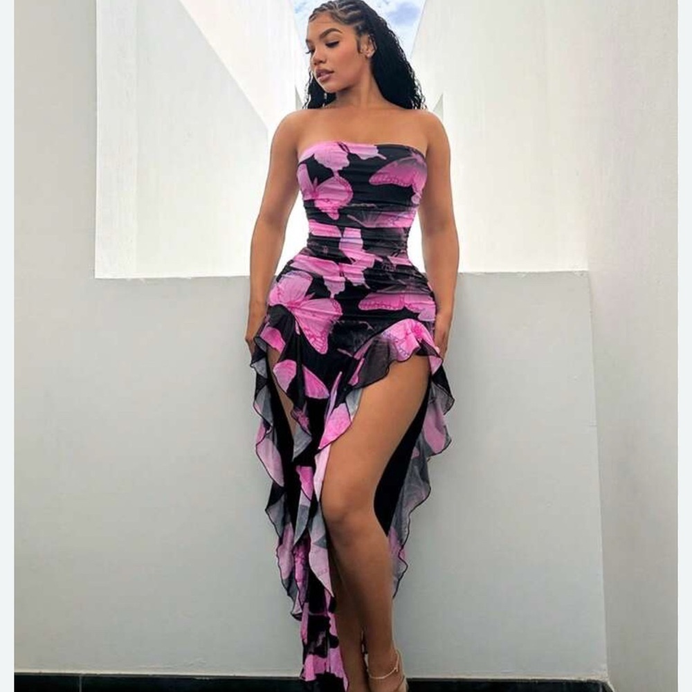 SHEIN Elegant Pink and Black Strapless Dress